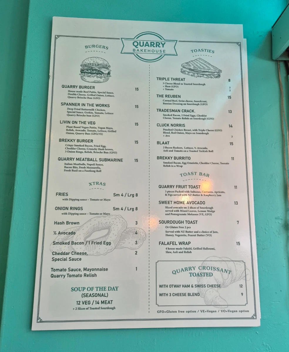 Menu, Quarry Bakehouse