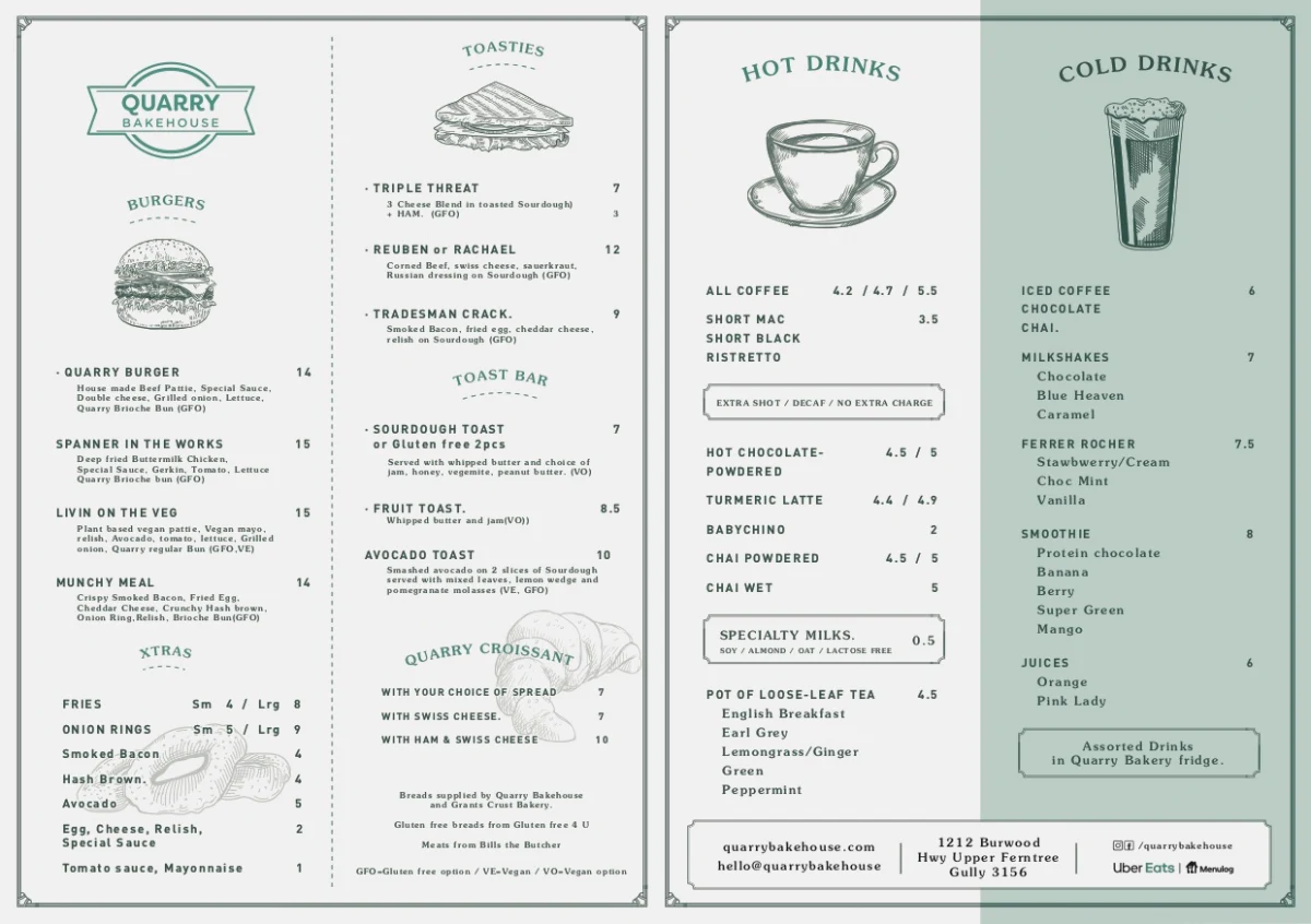 Menu, Quarry Bakehouse