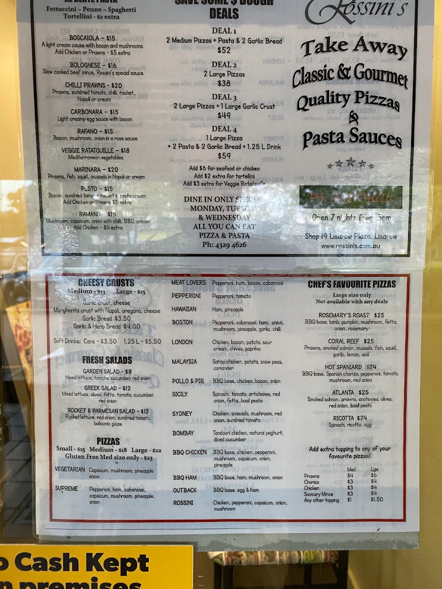 Menu, Rossini's Italian Family Restaurant