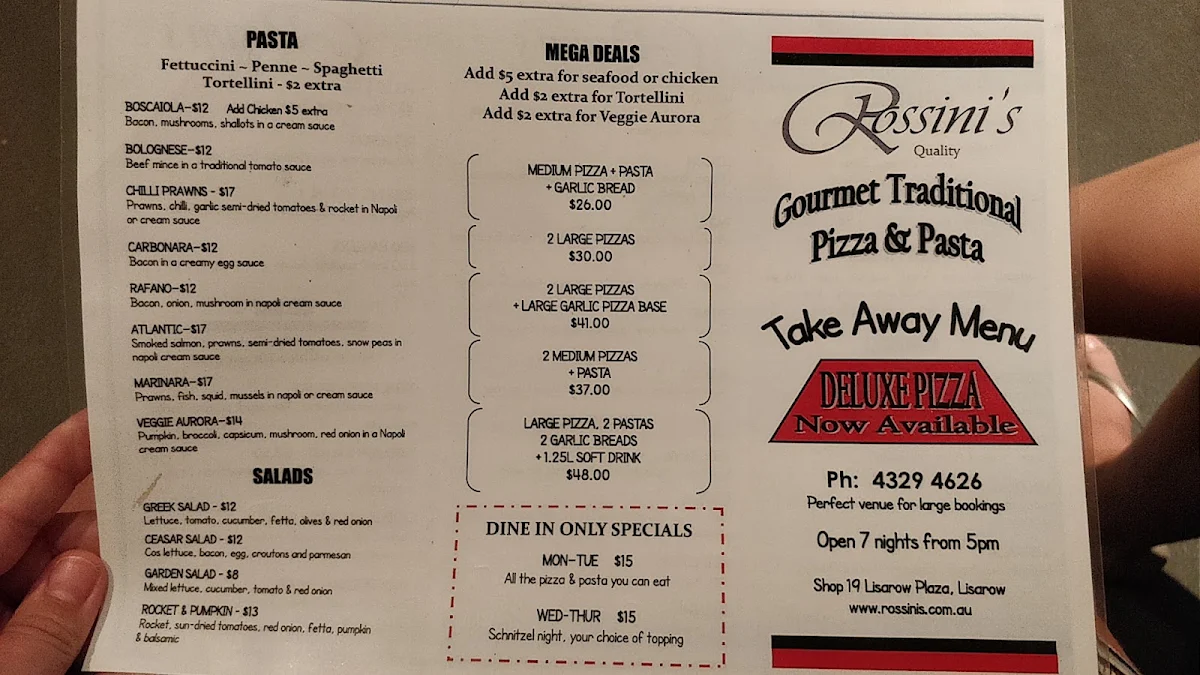 Menu, Rossini's Italian Family Restaurant