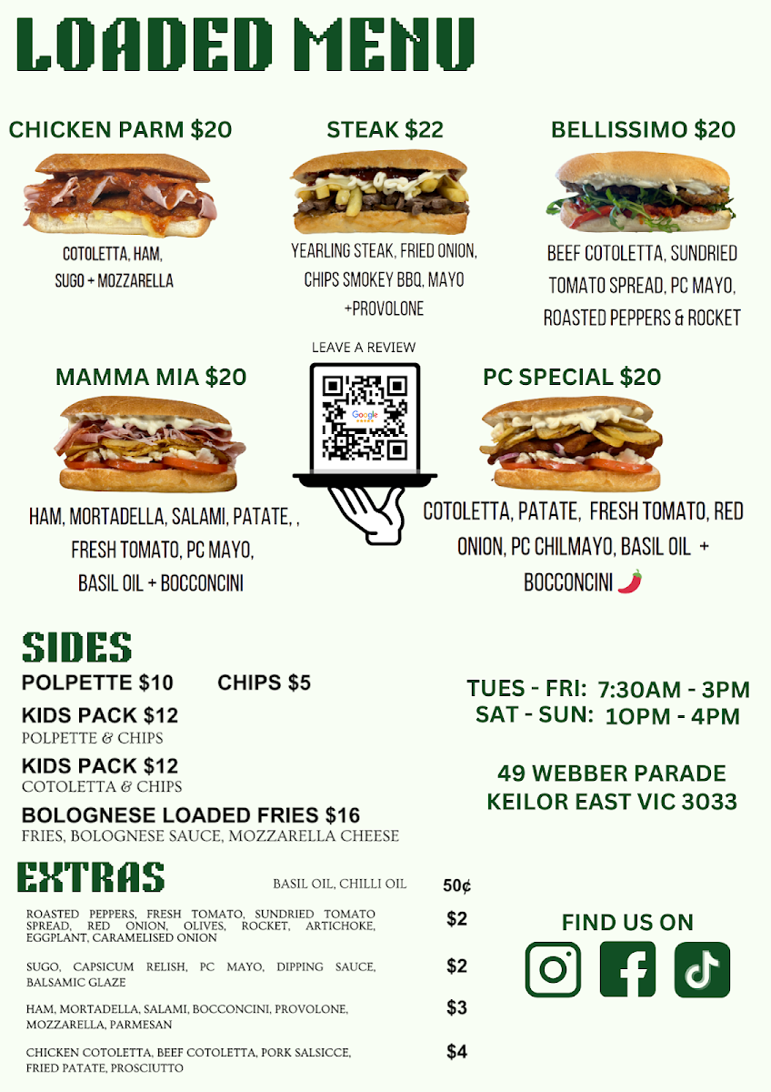 Menu, Panini Co (Keilor East)