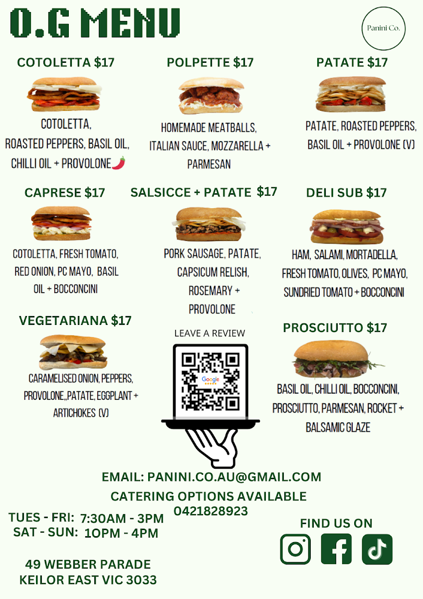 Menu, Panini Co (Keilor East)