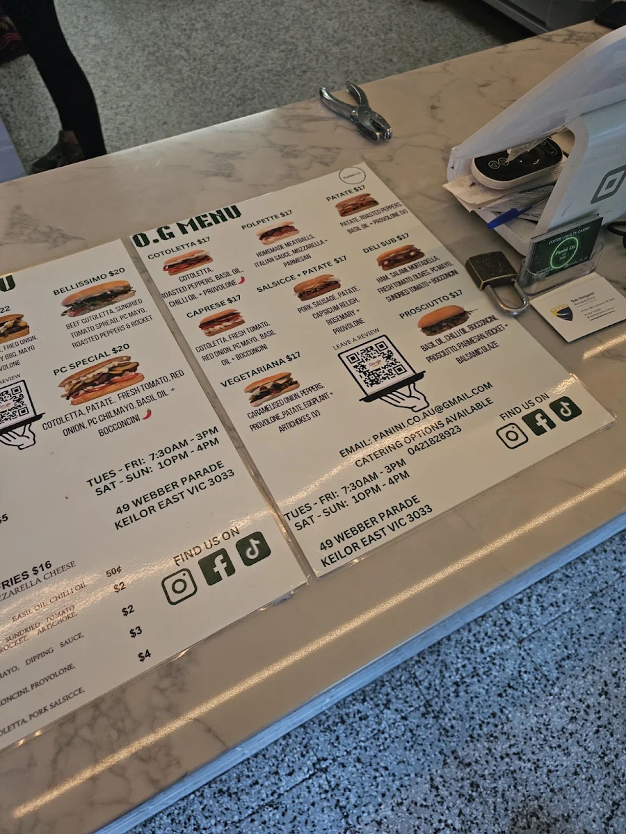 Menu, Panini Co (Keilor East)