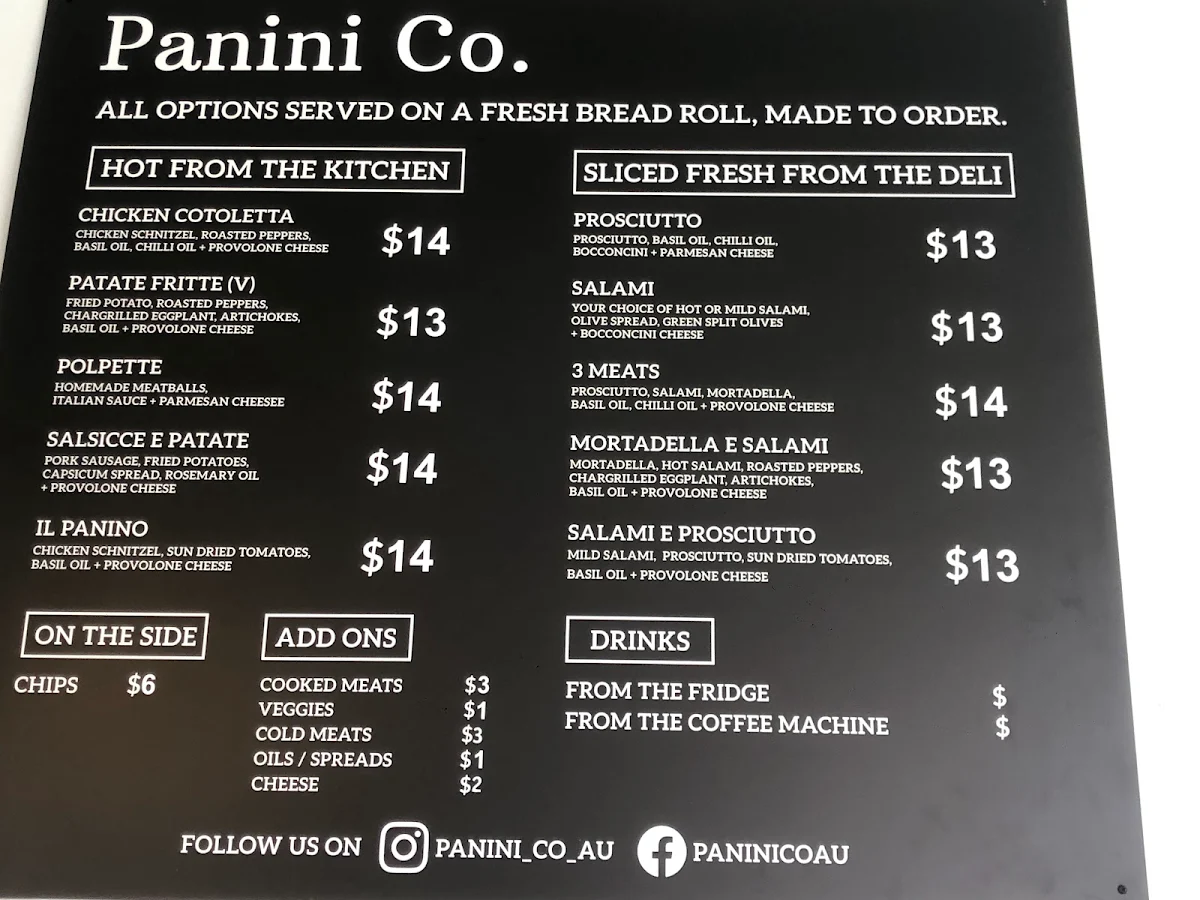 Menu, Panini Co (Keilor East)