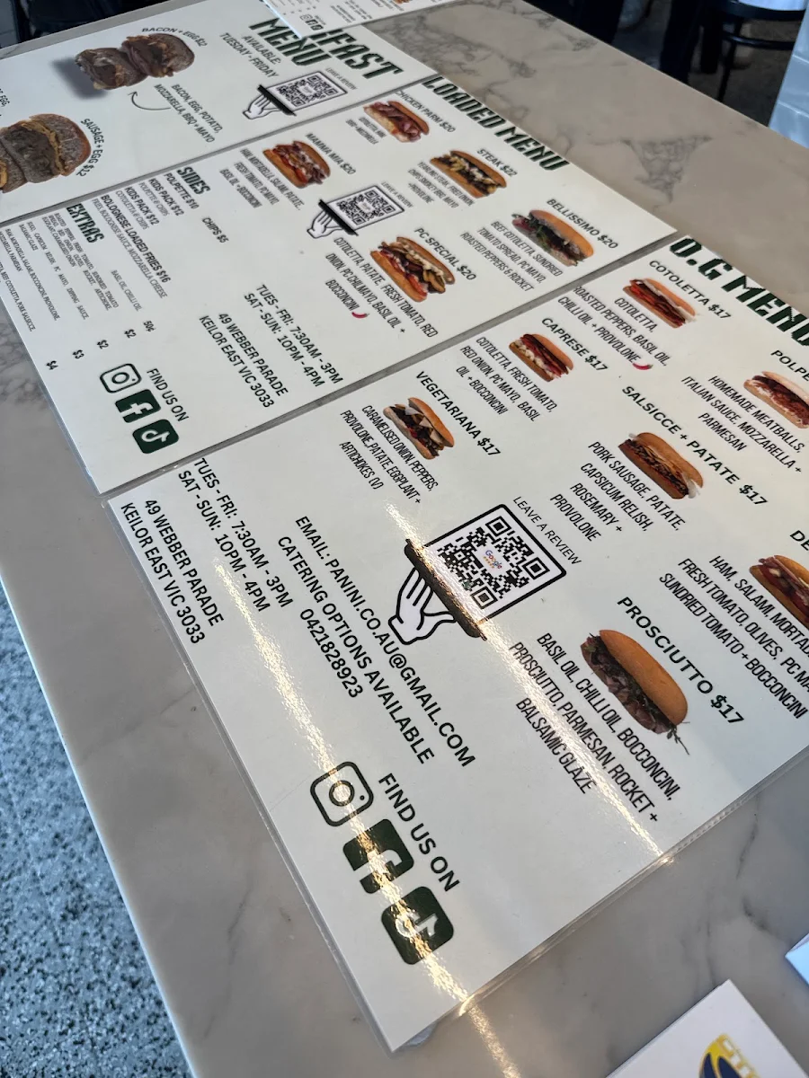 Menu, Panini Co (Keilor East)