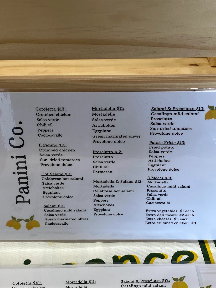 Menu, Panini Co (Keilor East)