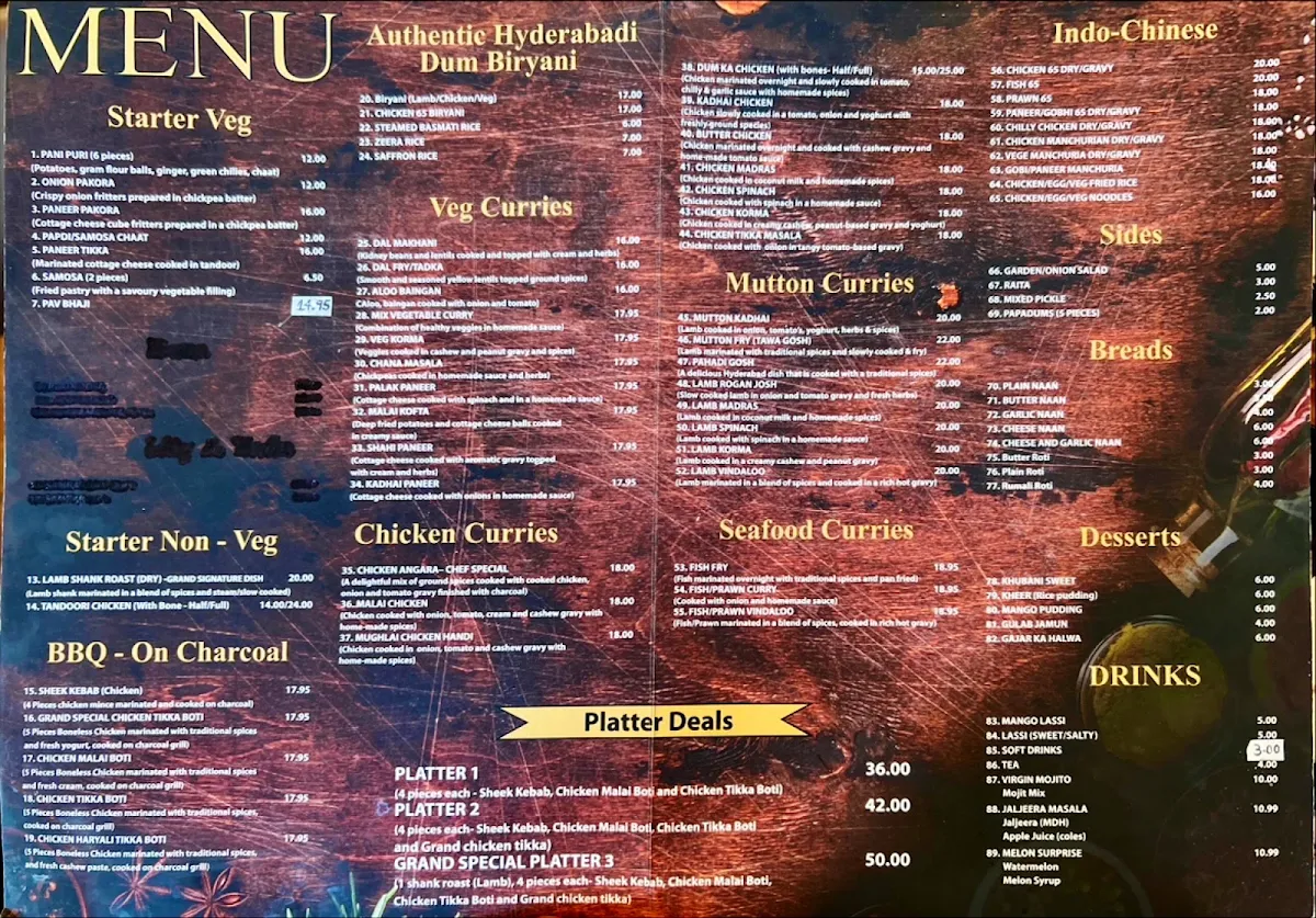 Menu, Grand Restaurant Deer Park Indian Restaurant