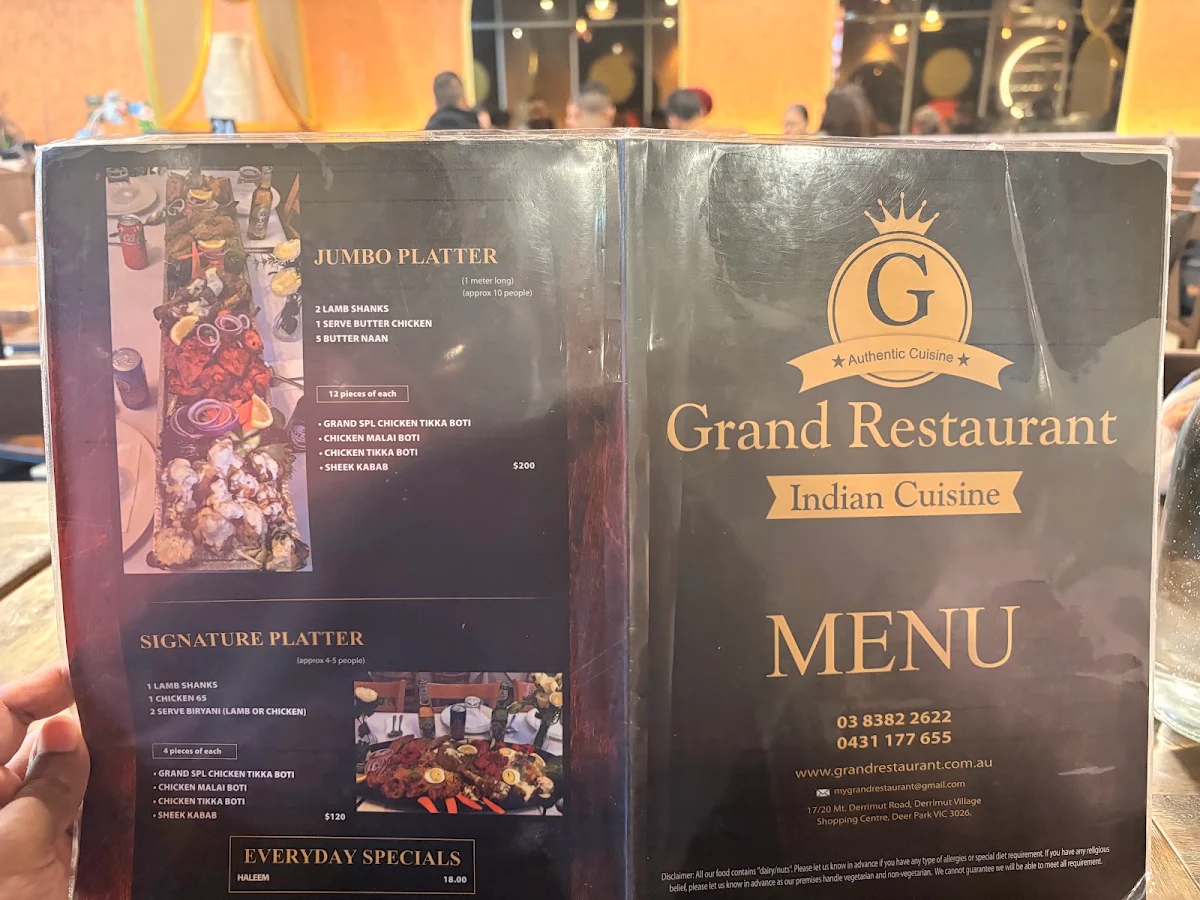 Menu, Grand Restaurant Deer Park Indian Restaurant