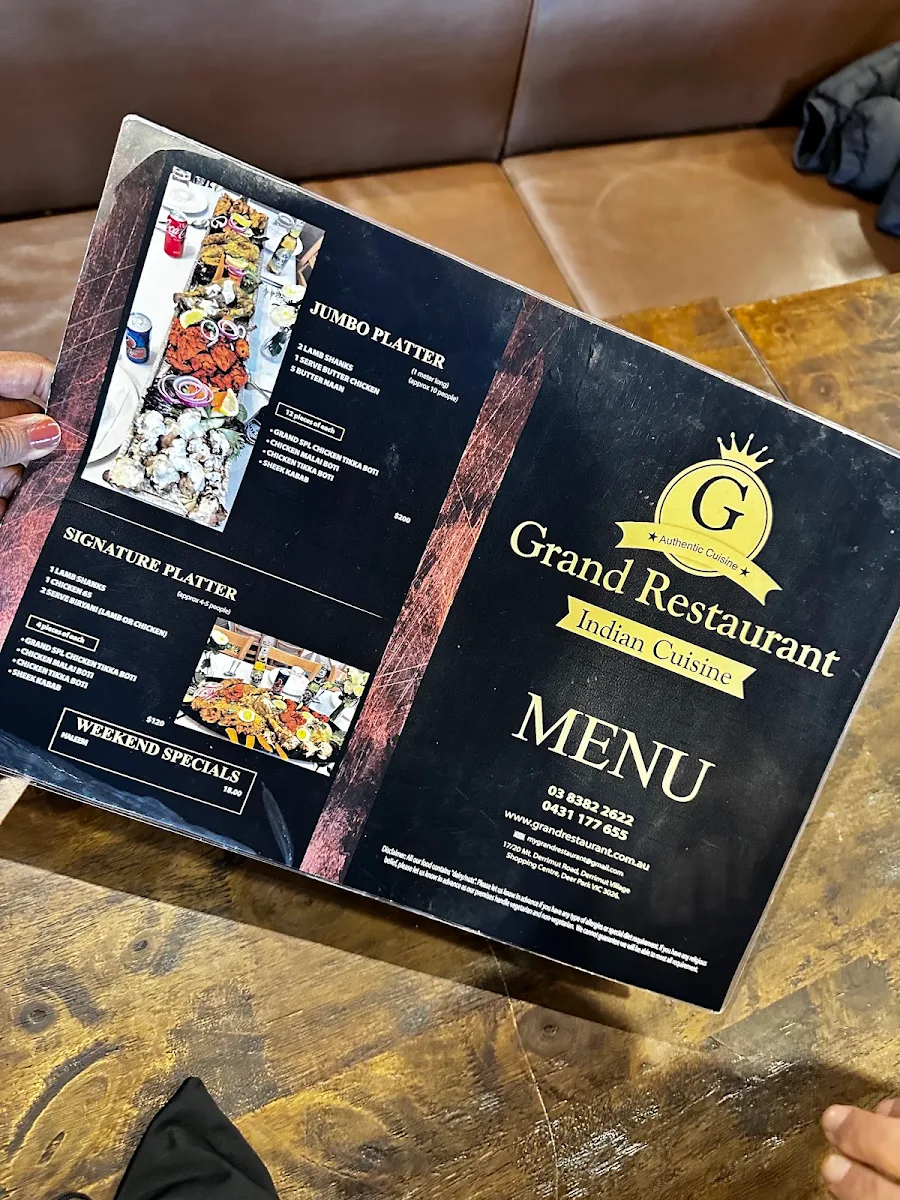 Menu, Grand Restaurant Deer Park Indian Restaurant