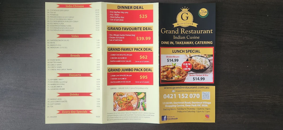 Menu, Grand Restaurant Deer Park Indian Restaurant
