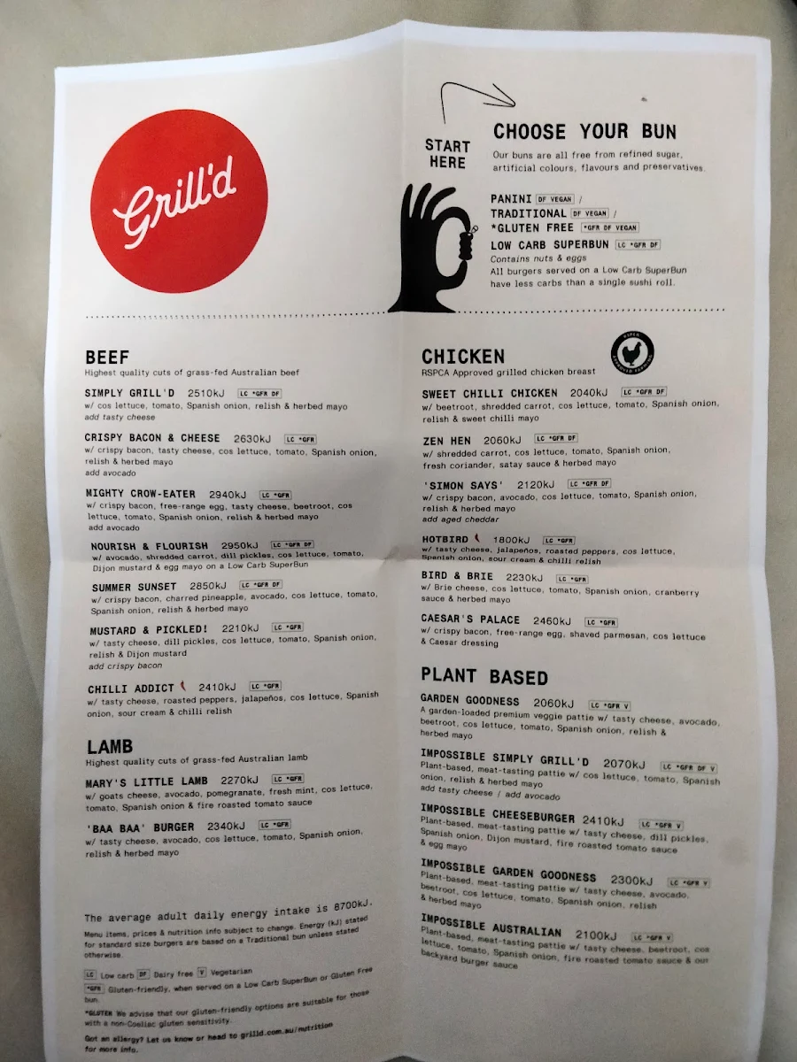 Menu, Grill'd Burgers - Rundle St