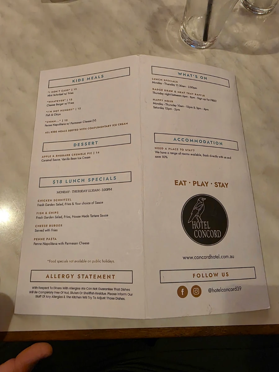 Menu, Hotel Concord