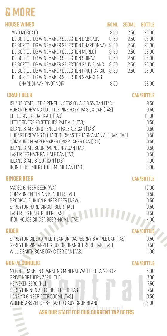 Menu, Central Bar & Restaurant