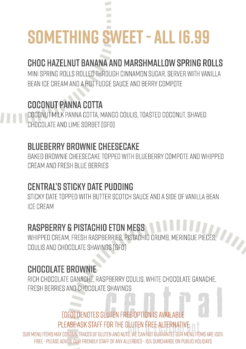 Menu, Central Bar & Restaurant