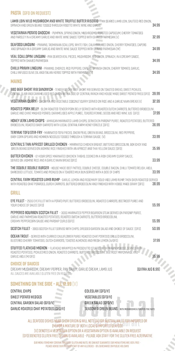 Menu, Central Bar & Restaurant