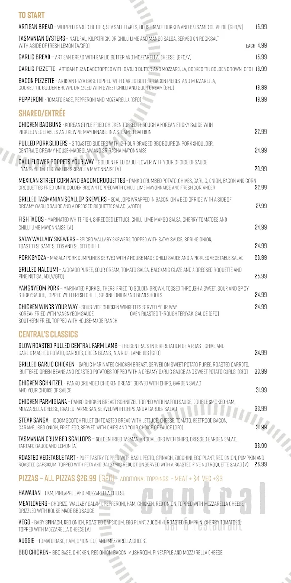 Menu, Central Bar & Restaurant