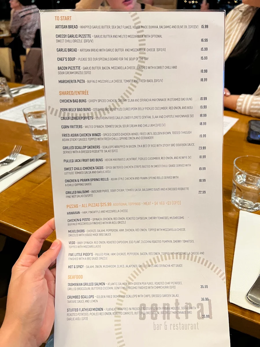 Menu, Central Bar & Restaurant