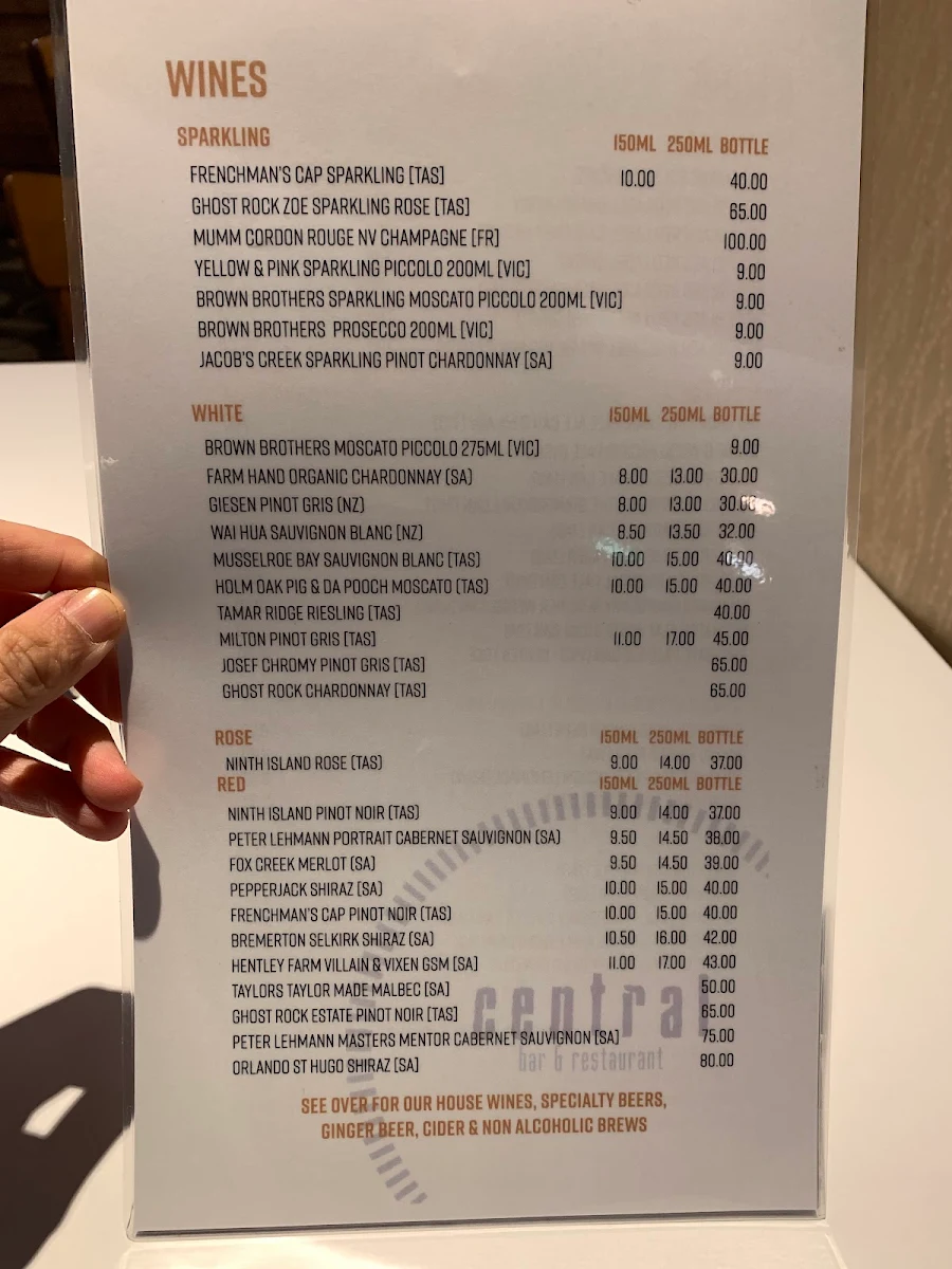 Menu, Central Bar & Restaurant