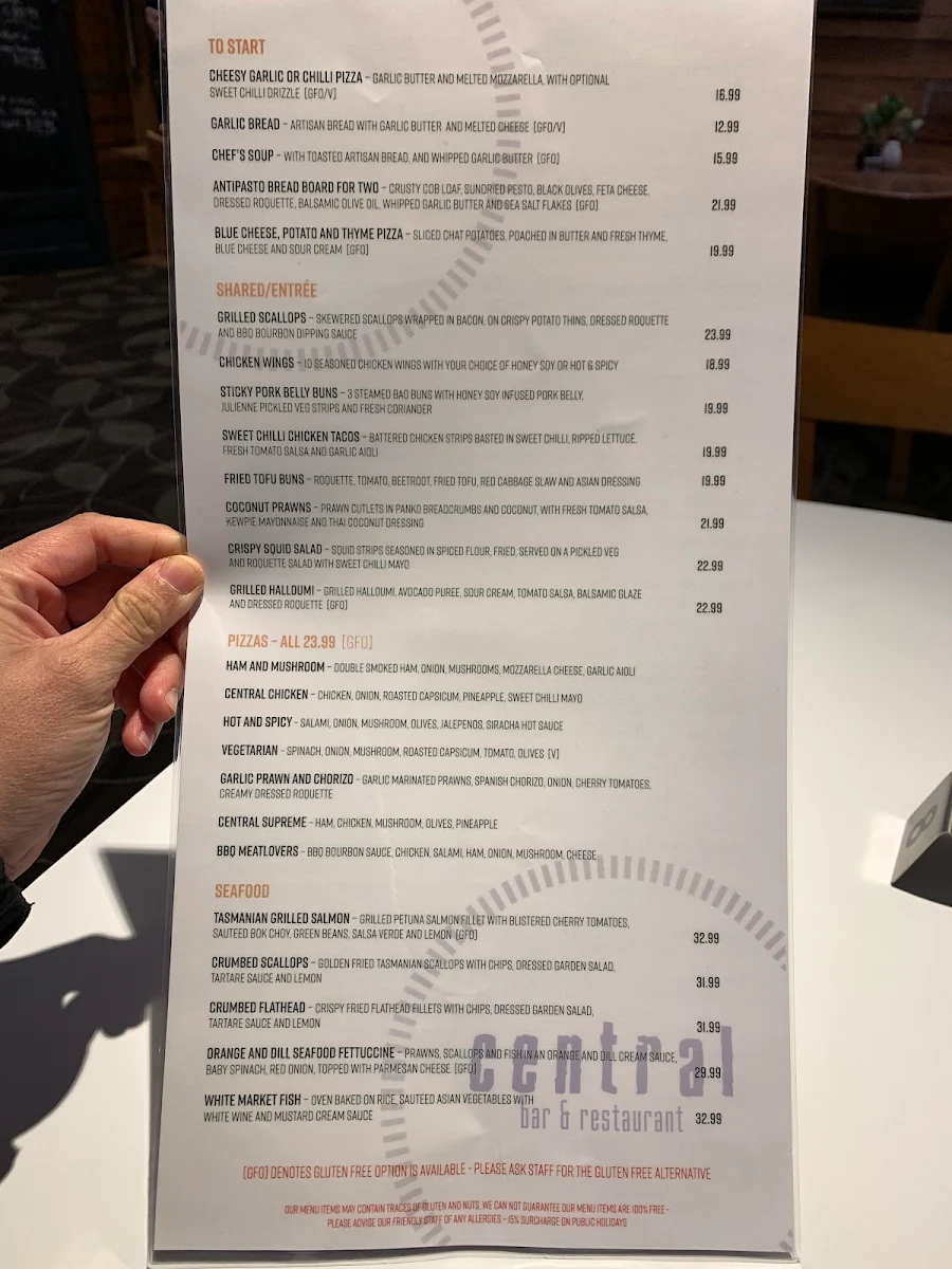 Menu, Central Bar & Restaurant
