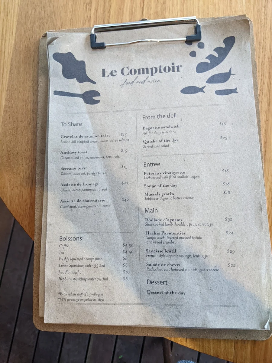 Menu, Le Comptoir