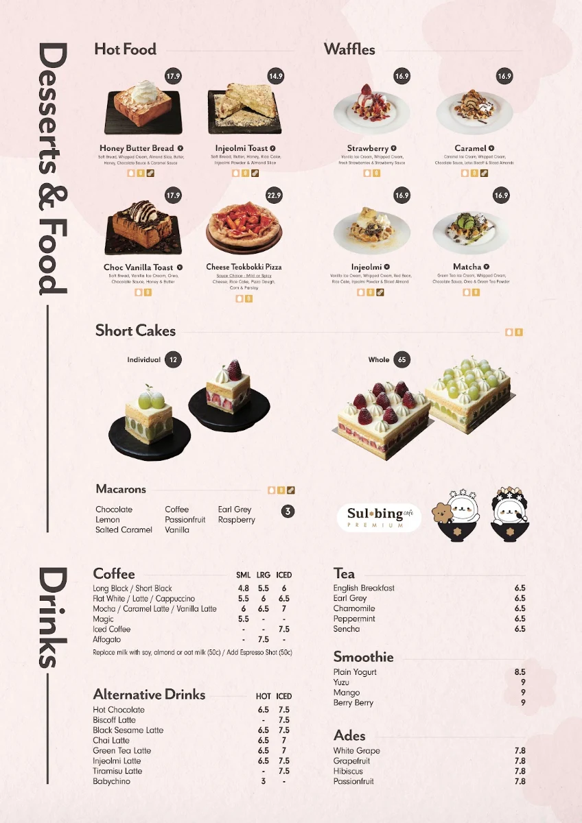 Menu, Sulbing Dessert Cafe