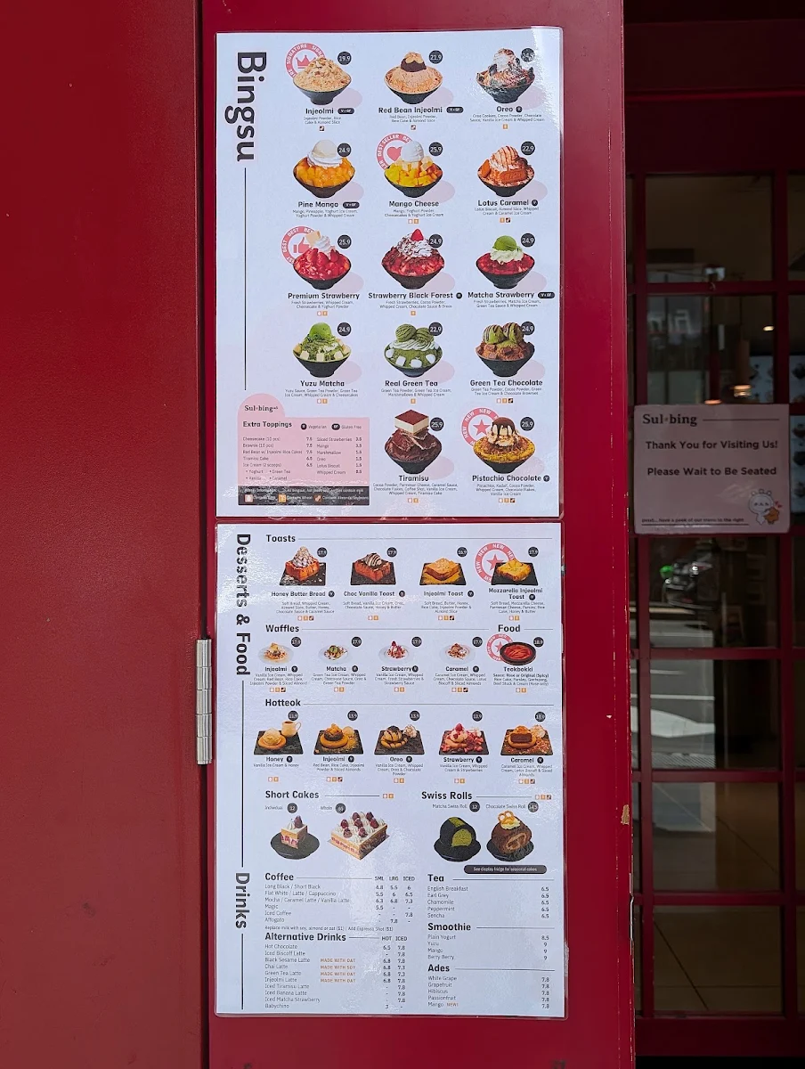 Menu, Sulbing Dessert Cafe