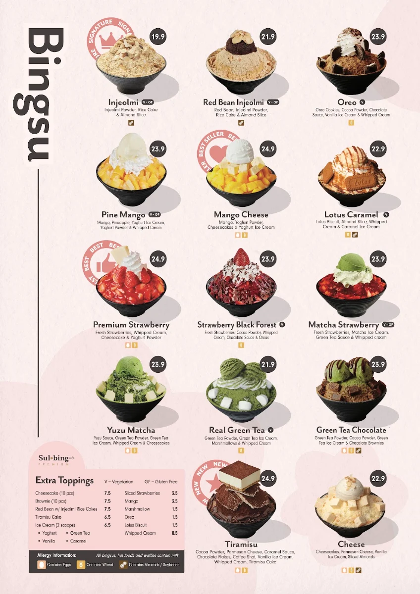 Menu, Sulbing Dessert Cafe