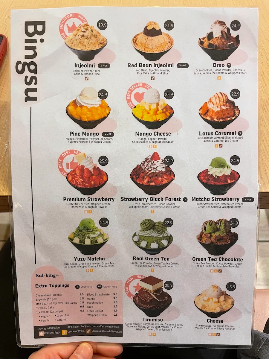 Menu, Sulbing Dessert Cafe