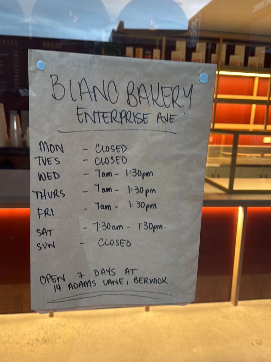 Menu, Blanc Bakery