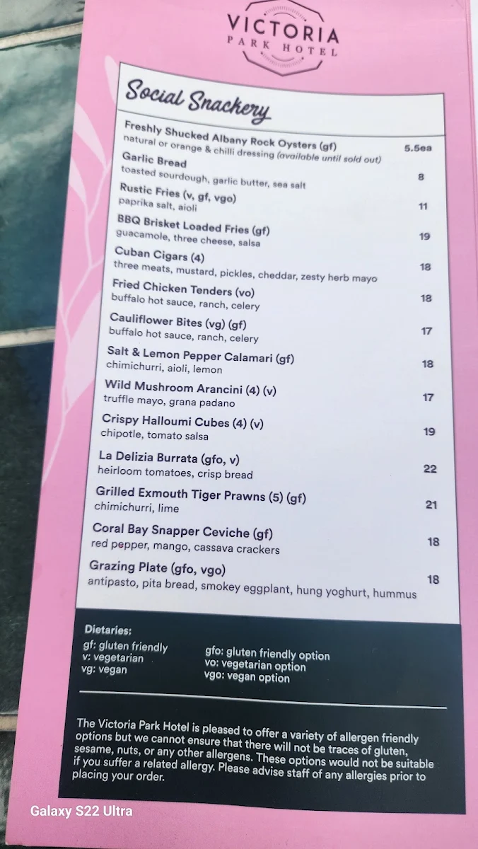 Menu, Victoria Park Hotel