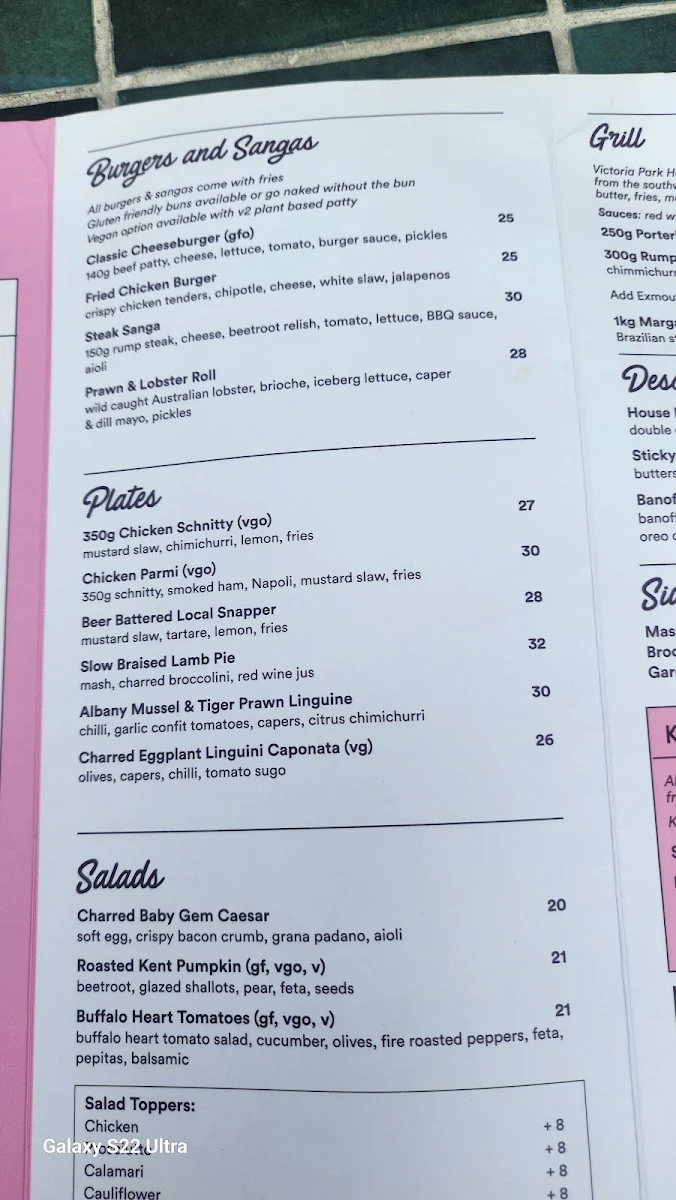 Menu, Victoria Park Hotel
