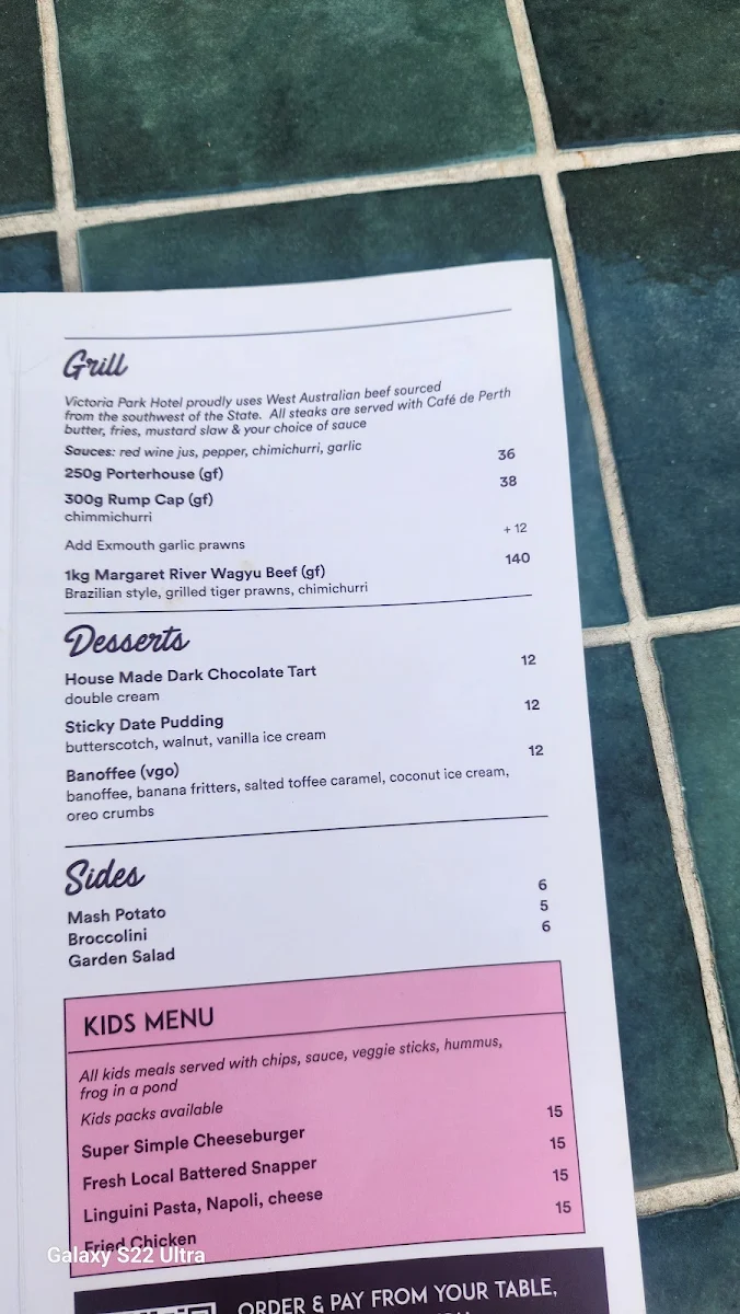 Menu, Victoria Park Hotel