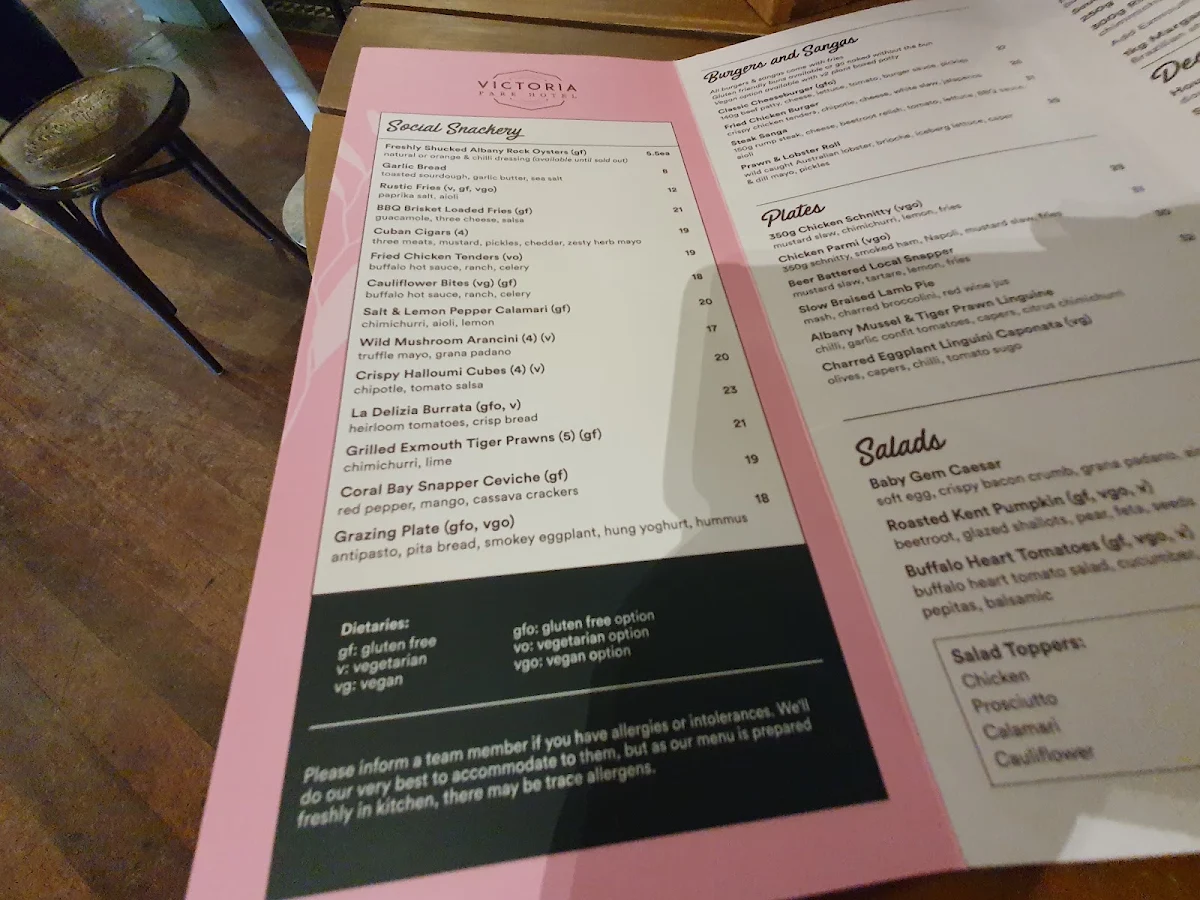 Menu, Victoria Park Hotel