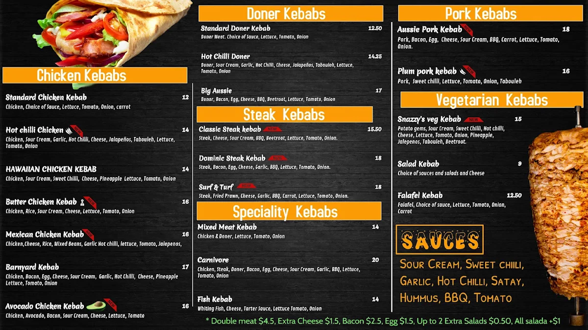 Menu, The Snazzy Cafe and Kebabs