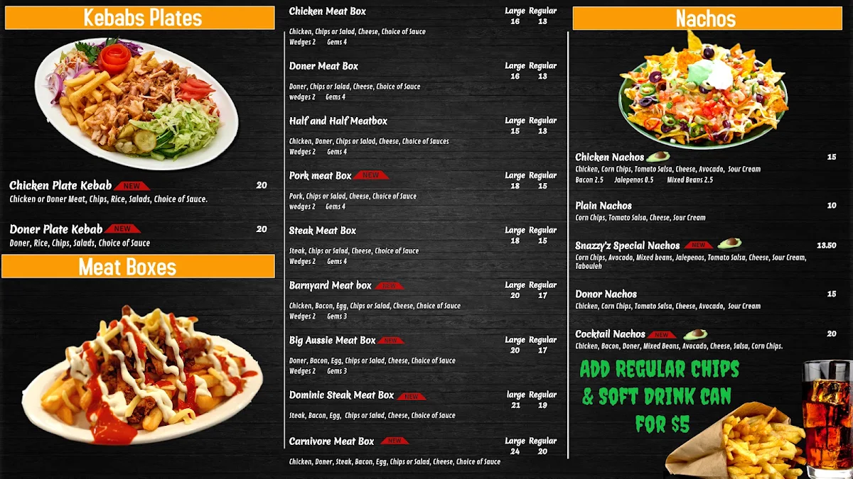 Menu, The Snazzy Cafe and Kebabs