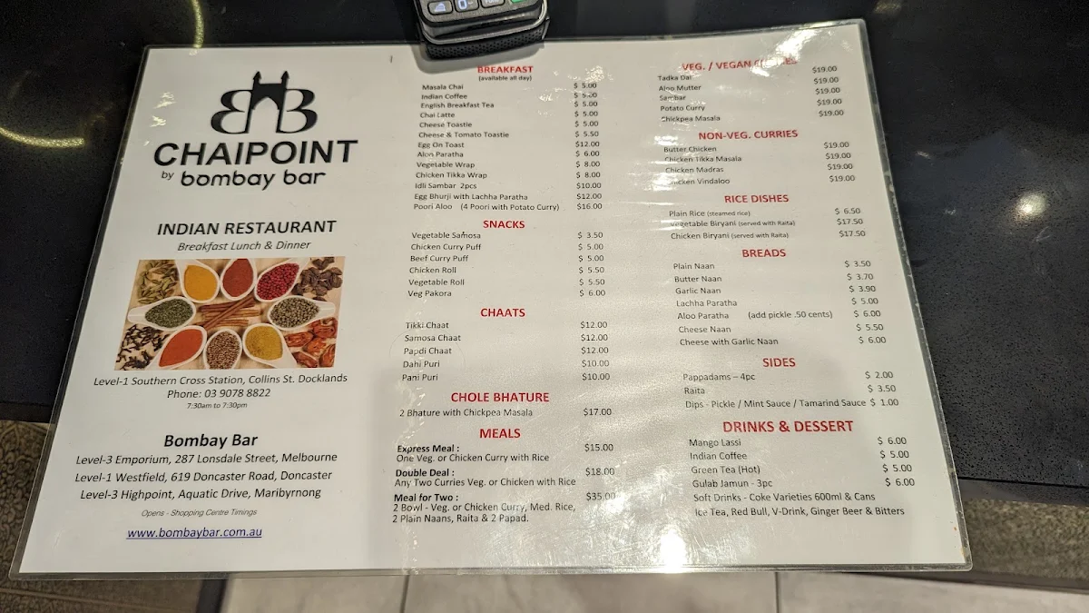 Menu, CHAIPOINT by Bombay Bar