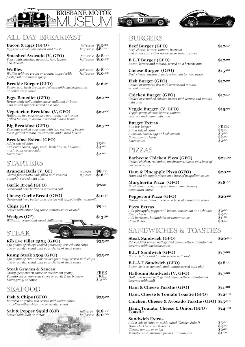 Menu, Brisbane Motor Cafe