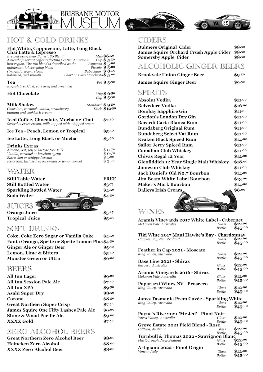 Menu, Brisbane Motor Cafe