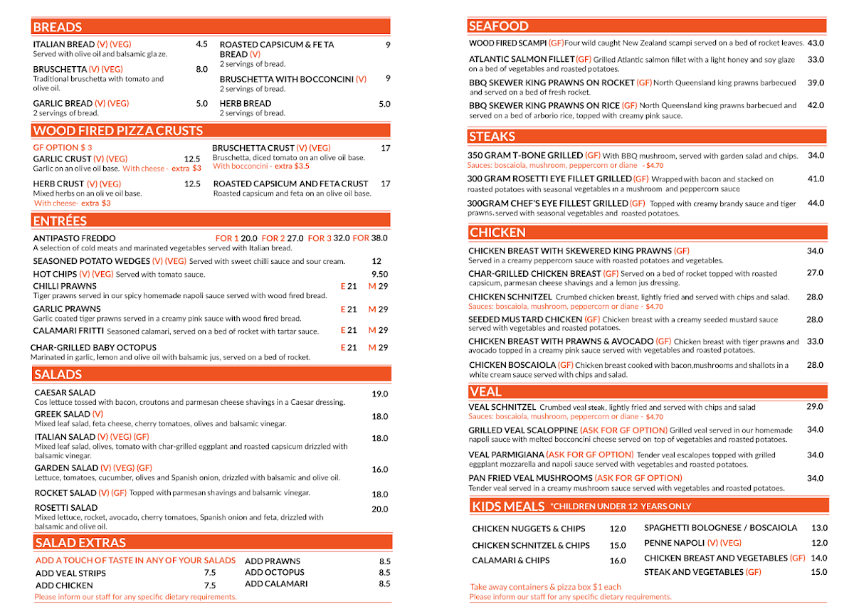 Menu, Rosetti's Italian & woodfired pizza cafe