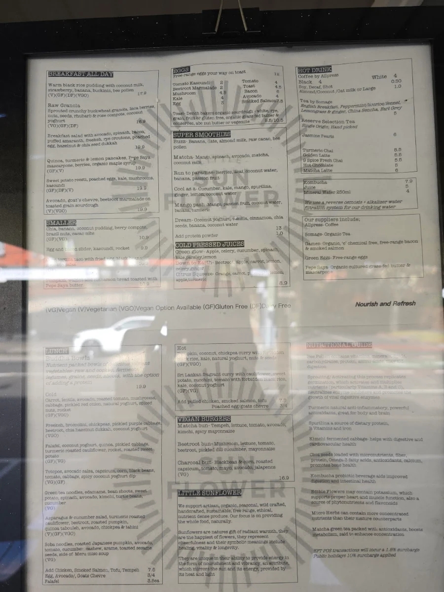 Menu, Little Sunflower Café