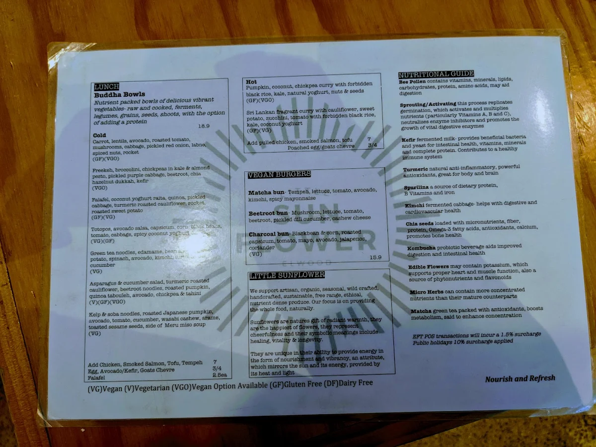 Menu, Little Sunflower Café