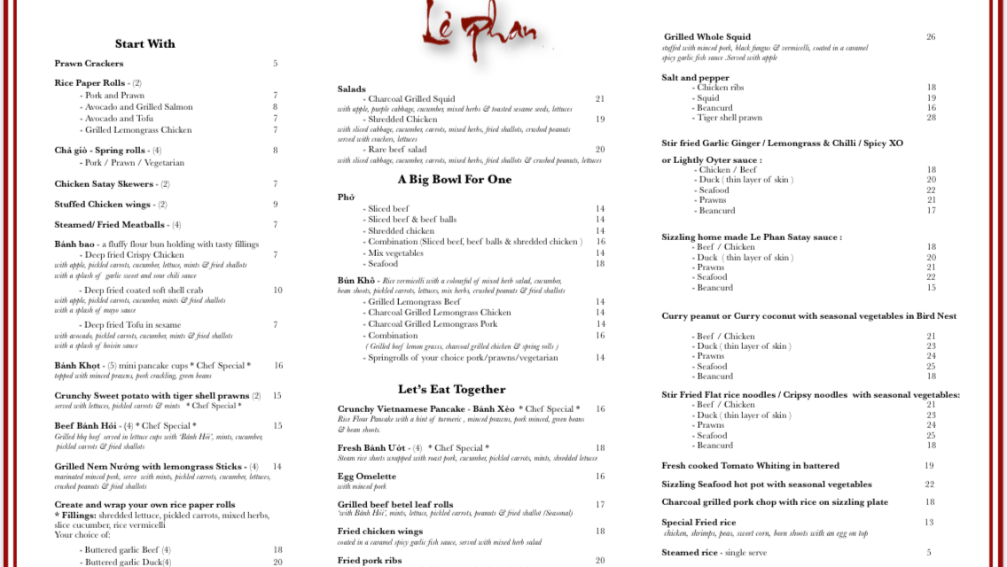 Menu, Le Phan Vietnamese Restaurant
