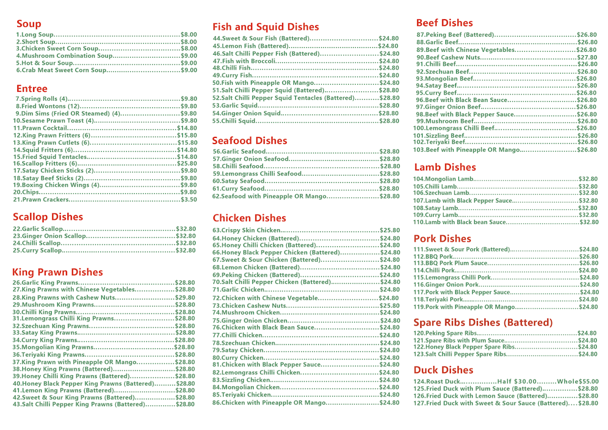 Menu, Panda Chinese Restaurant & Take Away