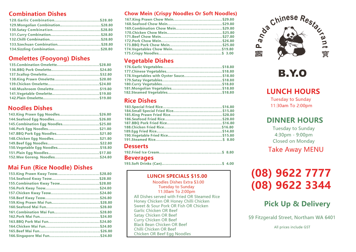 Menu, Panda Chinese Restaurant & Take Away