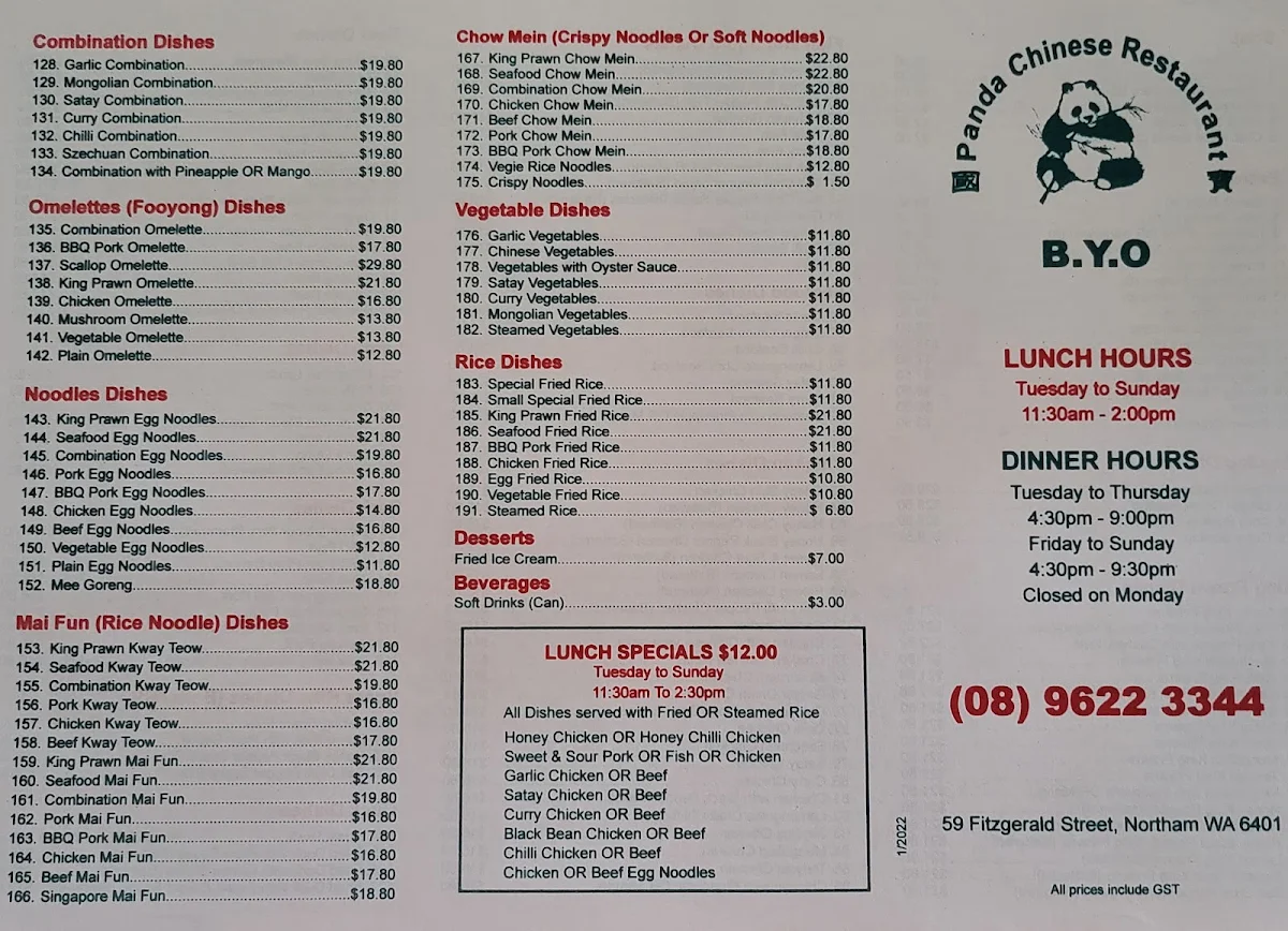 Menu, Panda Chinese Restaurant & Take Away