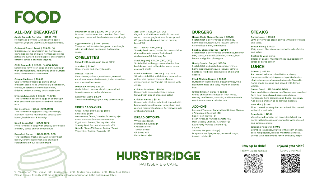 Menu, Hurstbridge Patisserie & Cafe