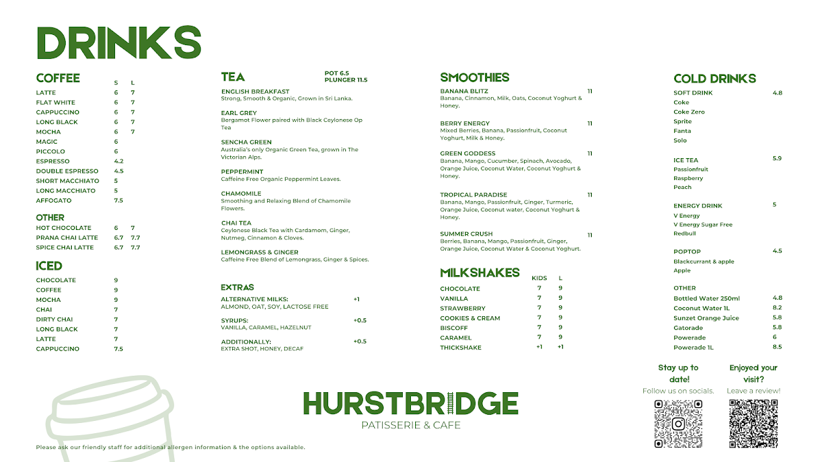 Menu, Hurstbridge Patisserie & Cafe