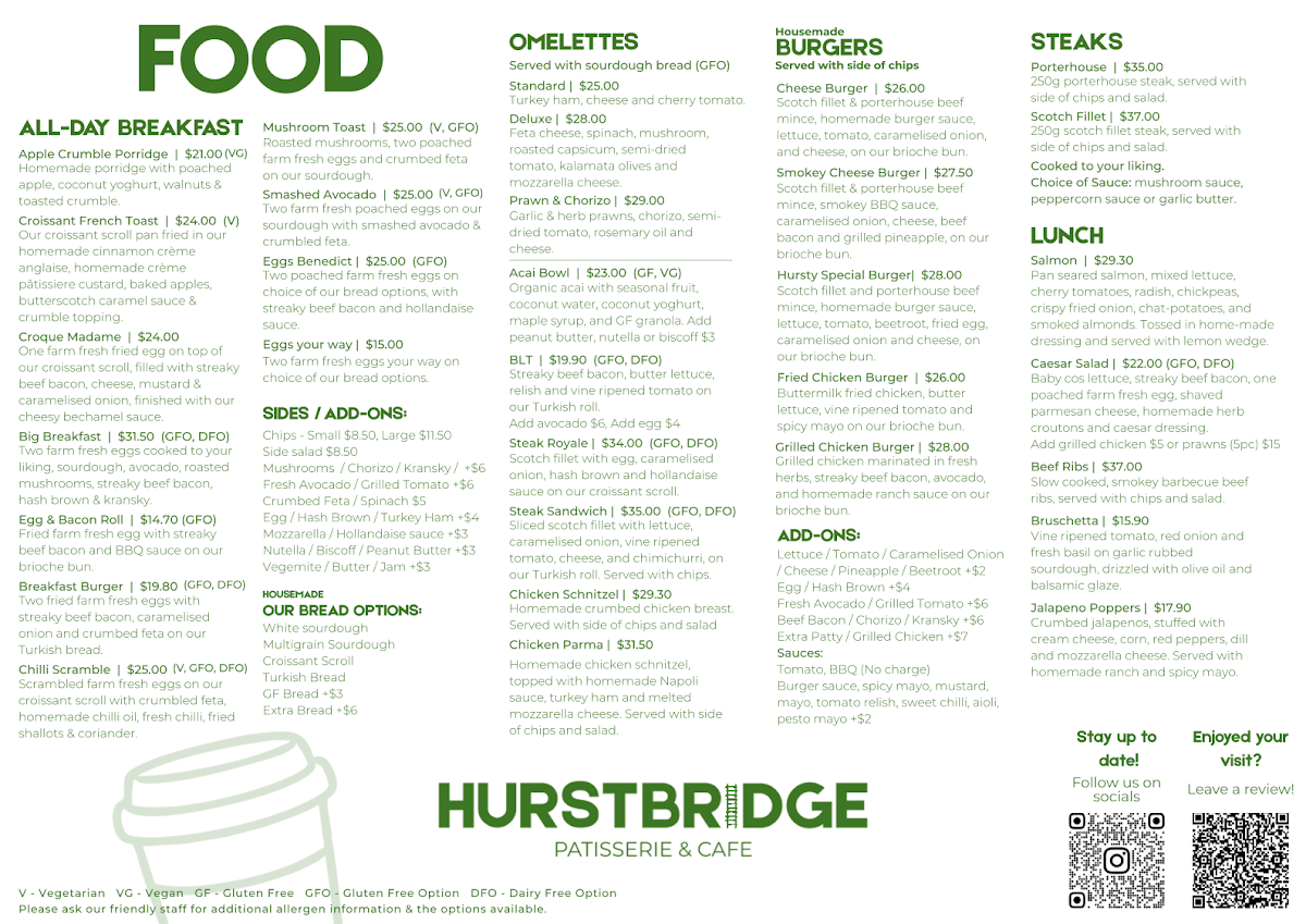 Menu, Hurstbridge Patisserie & Cafe