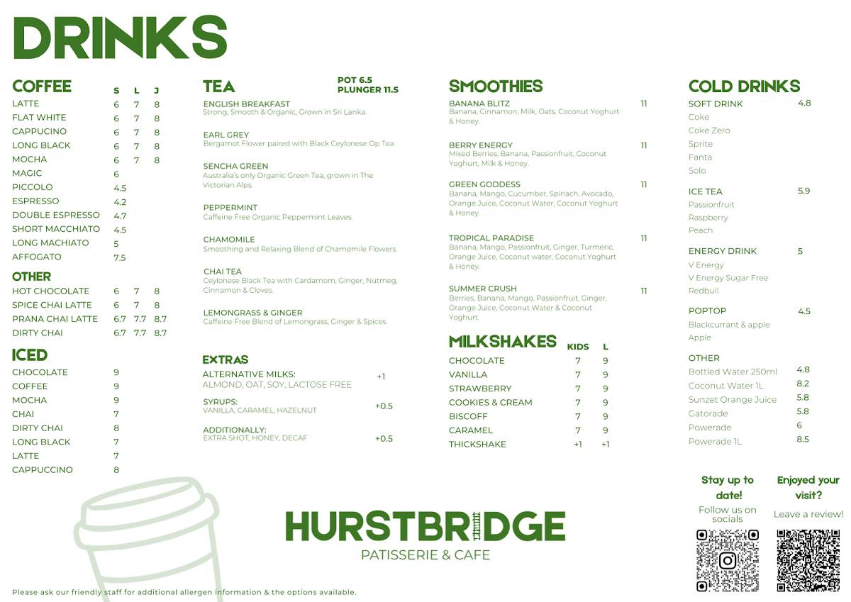 Menu, Hurstbridge Patisserie & Cafe