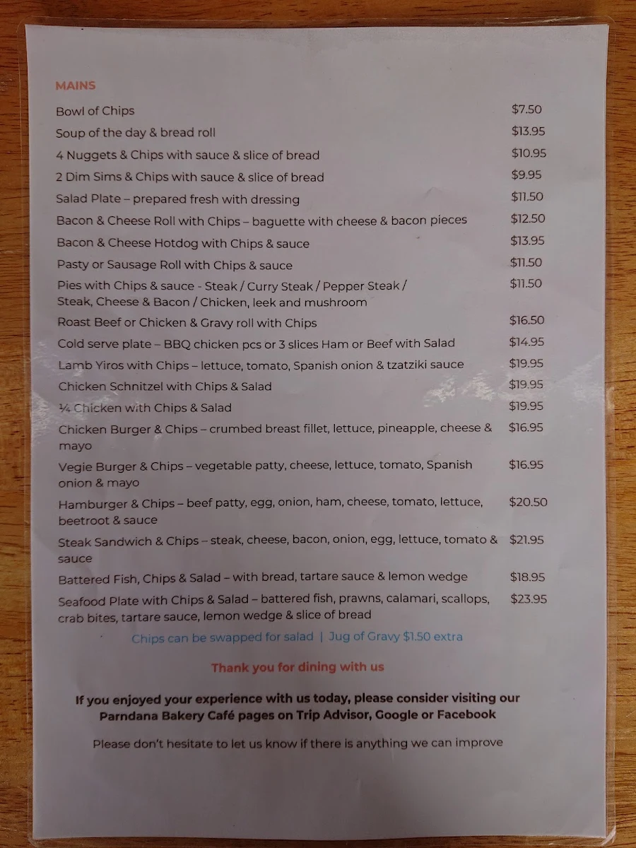 Menu, Parndana Bakery Cafe Groceries